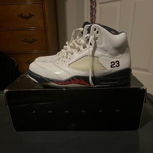 Jordan White and Navy Sneakers with Red Details